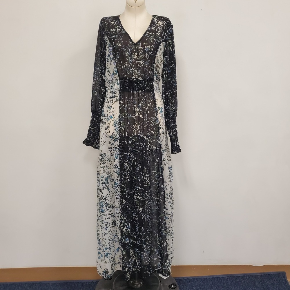 Vero Moda Womens‎ Smocked Sheer Colorblock Floral Maxi Dress Size S Drop Waist